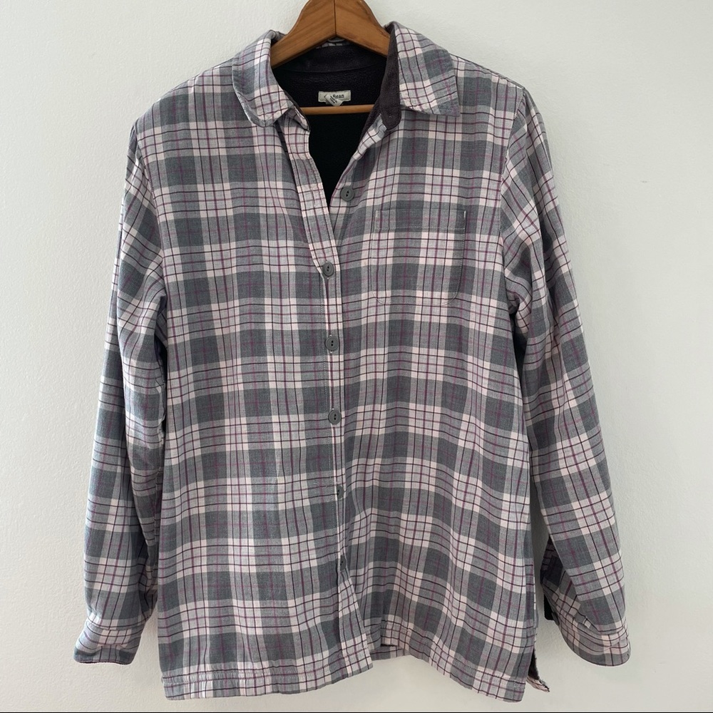 L.L. Bean Small Women’s Shacket Flannel Plaid Fleece Lined Gray Purple Lavender